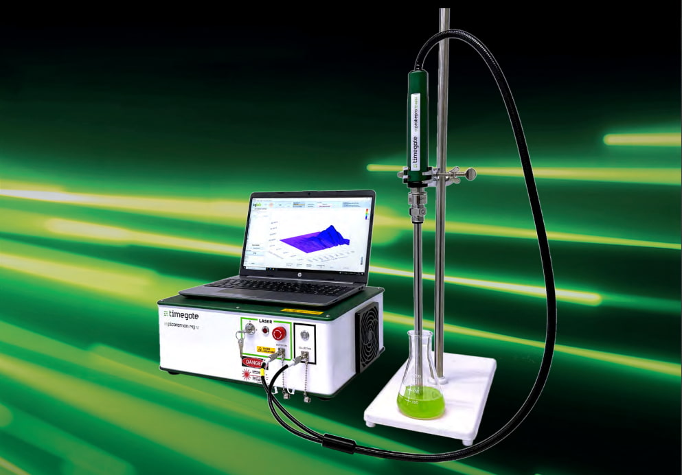 Probe is measuring liquid and connected to a device with laptop. Green illustration in the background.