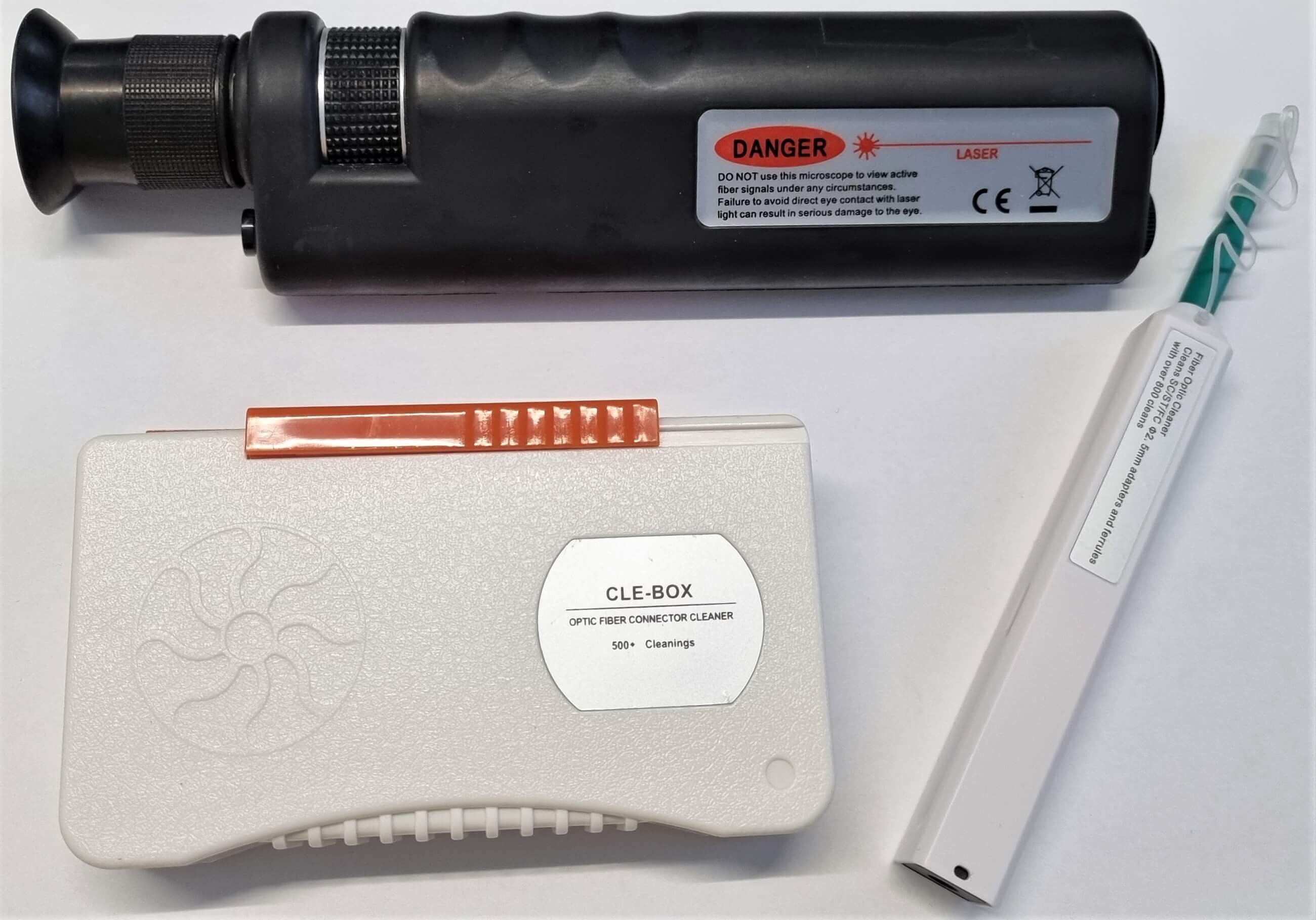 Fiber microscope, fiber cleaning cloth and fiber cleaning pen.